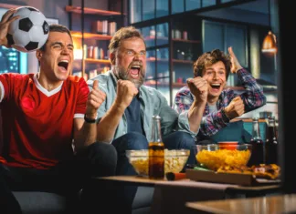 Je praznovanje zmage v nogometu isto kot praznovanje novega leta? Night At Home: Three Joyful Soccer Fans on a Couch Watch Game on TV, Celebrate Victory when Sports Team Wins Championship. Friends Cheer for Favourite Football Club Play.