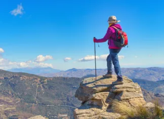 Najvišja priznanja planinske zveze za leto 2015 poklon prizadevnim prostovoljcem A woman on top of a rock, with backpack and hiking poles, looking towards the horizon and enjoying the impressive landscape of mountains and valleys at her feet, surrounded by nature and fresh air