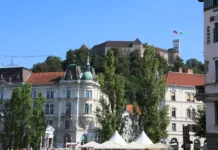 Celo leto kralj, s kartico Royal Ljubljana, L, Slovenia - August 15, 2023: Ancient Palace and called Preseren Square
