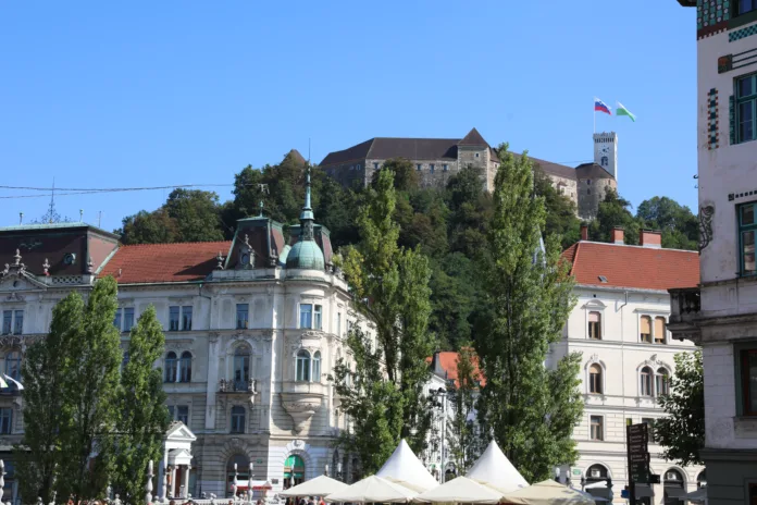 Ljubljana, L, Slovenia - August 15, 2023: Ancient Palace and called Preseren Square