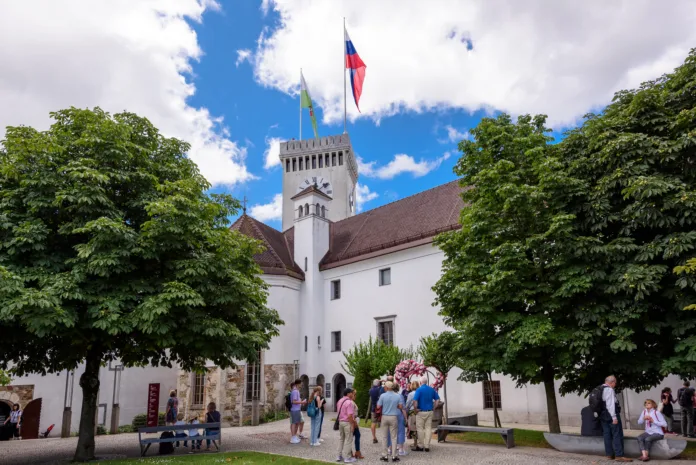 Ljubljana, Slovenia - June 27, 2023: The castle of Ljubljana is the biggest one and the most-visited of the castles in Slovenia’s capital city. Ljubljana Castle (Slovene: Ljubljanski grad)