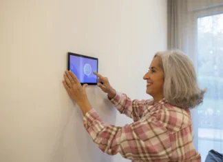 Pametne naprave za večjo varnost doma Senior woman with tablet pc using smart home app digital lights off