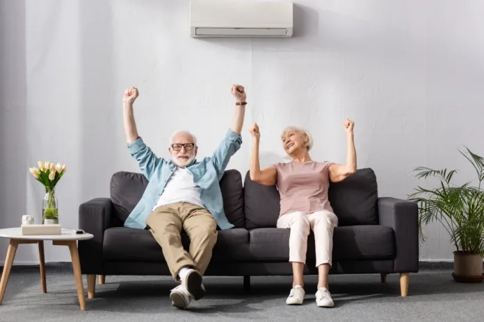 Positive senior couple showing yeah gesture while sitting on couch in living room