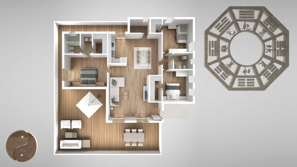 Interior design project with feng shui consultancy, home apartment flat plan, top view with bagua and tao symbol, yin and yang polarity, monogram concept background