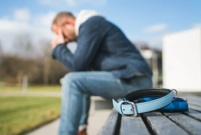 Broken with grief man dog owner is grieving sitting on a bench with the lovely pet collar and deep weeping about animal loss. Home pets relatives and love concept.