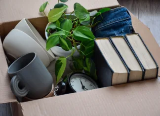 Svež začetek: Očistite dom odvečne navlake Cardboard box packed with personal belongings for moving