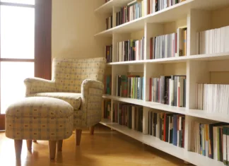 Kam z vsemi že prebranimi knjigami? Home library with arm chair. Clean and modern decoration. Natural light coming from window.