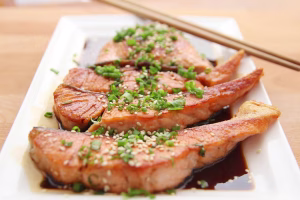 food, salmon, teriyaki, fish, eat, dish, restaurant, meal, healthy, healthy meal, nature, savory, food photography