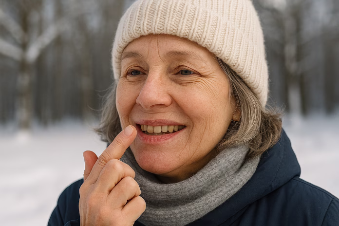 ženska pozimi maže ustnice