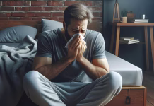 Kako si pomagati pri gripi in prehladu ai generated, man, disease, health, flu, cold, bed, medicine, treatment, suffering