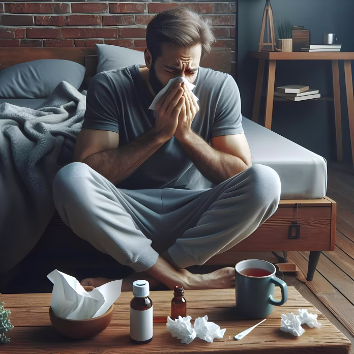 ai generated, man, disease, health, flu, cold, bed, medicine, treatment, suffering