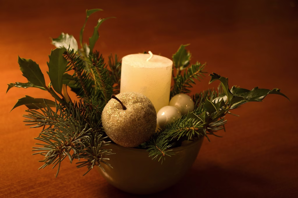 candle, apple, fir needles, christmas balls, christmas, christmas ornaments, christmas decoration, christmas decor, ornaments, baubles, decoration, decor, closeup