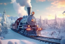 Božičkov muzejski vlak 2025: praznična vožnja, ki pogreje srce christmas, train, winter, santa, magic, vintage, pole, north, snow, claus, forest, new, year, tree, concept, holiday, xmas, travel, 3d, fairytale, background, express, railway, steam, art