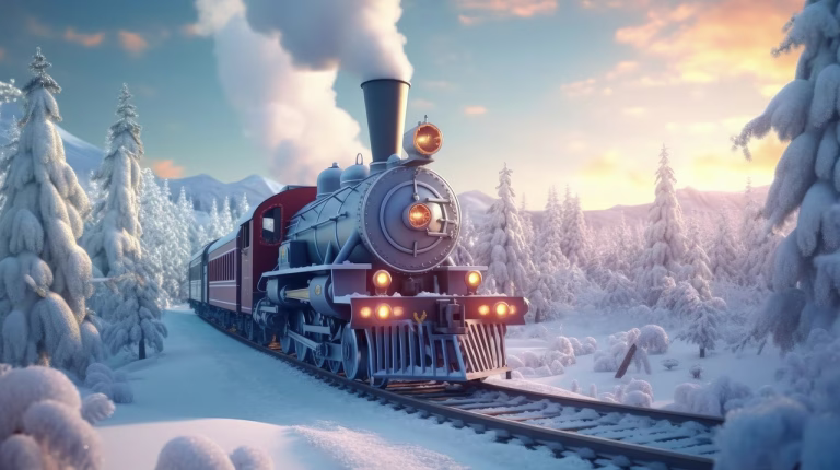 christmas, train, winter, santa, magic, vintage, pole, north, snow, claus, forest, new, year, tree, concept, holiday, xmas, travel, 3d, fairytale, background, express, railway, steam, art