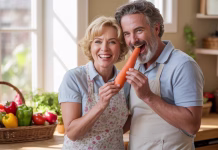 7 korakov do manjše zatečenosti po praznikih ai generated, couple, mature, adults, kitchen, carrot, vegetables, cooking, healthy, happy, smiling, apron, domestic, food, nutrition, lifestyle, relationship, fresh produce, culinary, home, playful, sharing, bearded man, blonde woman, togetherness