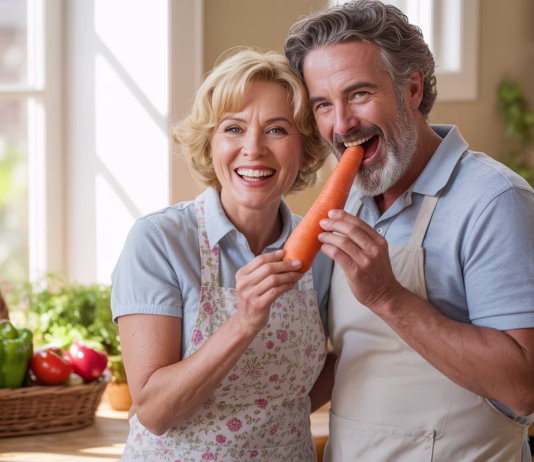 7 korakov do manjše zatečenosti po praznikih ai generated, couple, mature, adults, kitchen, carrot, vegetables, cooking, healthy, happy, smiling, apron, domestic, food, nutrition, lifestyle, relationship, fresh produce, culinary, home, playful, sharing, bearded man, blonde woman, togetherness