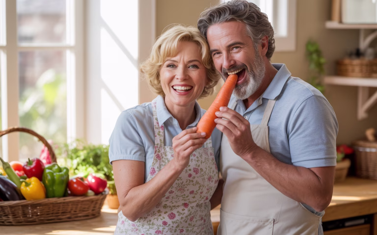 ai generated, couple, mature, adults, kitchen, carrot, vegetables, cooking, healthy, happy, smiling, apron, domestic, food, nutrition, lifestyle, relationship, fresh produce, culinary, home, playful, sharing, bearded man, blonde woman, togetherness