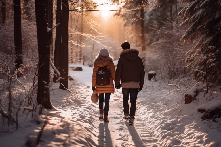 ai generated, nature, couple, winter, love, relationship, lovers, together, romantic, walking, romance, valentine, snow, forest, landscape, wintry, season, christmas