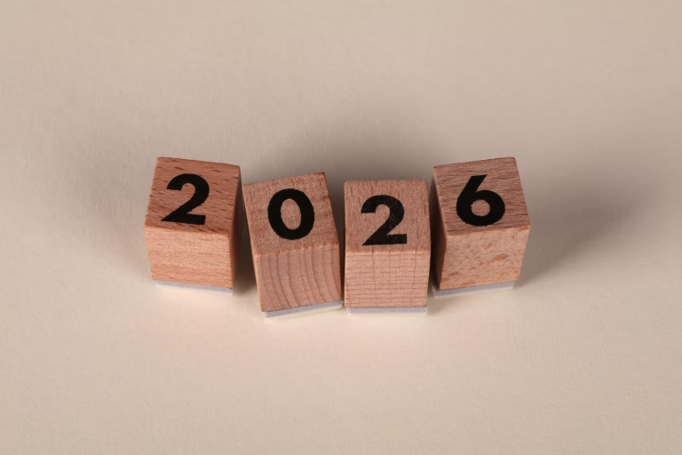 Wooden number blocks displaying year 2026