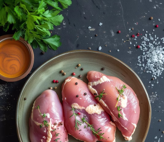 Nova prehranska piramida obrača smernice na glavo ai generated, chicken, food, meal, plate, gourmet, ingredients, fresh, poultry, raw, culinary, preparation, prep, organic, meat, herb, seasoning, healthy, savory, spices, kitchen, protein