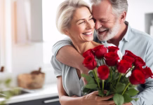 Valentinovo v zlatih letih couple, flowers, love, gift, bouquet, senior, family, happy birthday, smile, elderly, present, nature, happiness, home, valentines