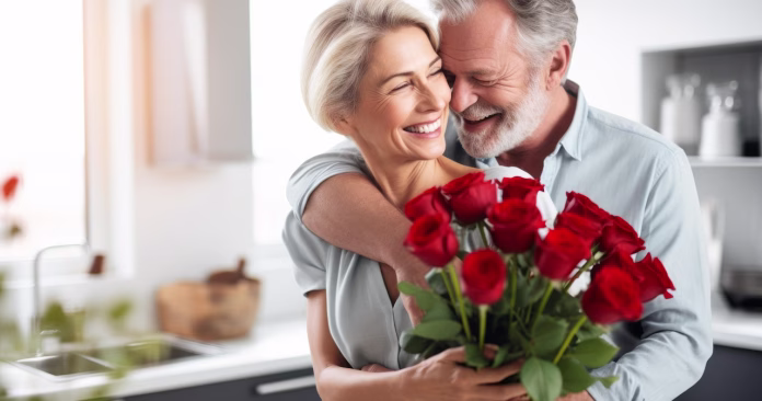 couple, flowers, love, gift, bouquet, senior, family, happy birthday, smile, elderly, present, nature, happiness, home, valentines