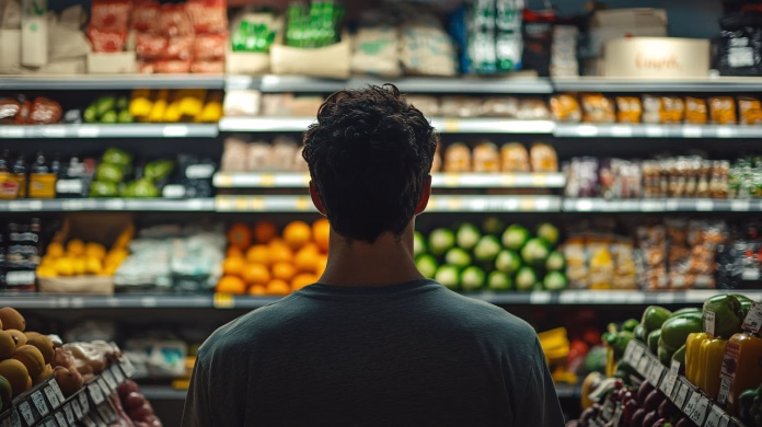 ai generated, supermarket, shopping, customer, grocery, produce, vegetables, fruits, aisle, retail, shelves, store, lighting, food, fresh, browsing, buyer, indoor, market, purchase, consumer, everyday, groceries, retail store