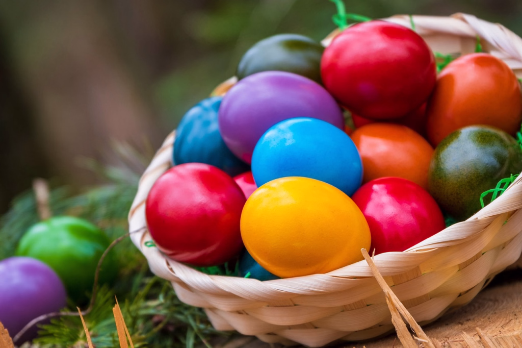 easter eggs, painted, multicoloured, eggs, cooked, meal, food, nature, to dye, red, green, yellow, blue, colorful, spring, easter, osterkorb, colored, easter theme, easter festival