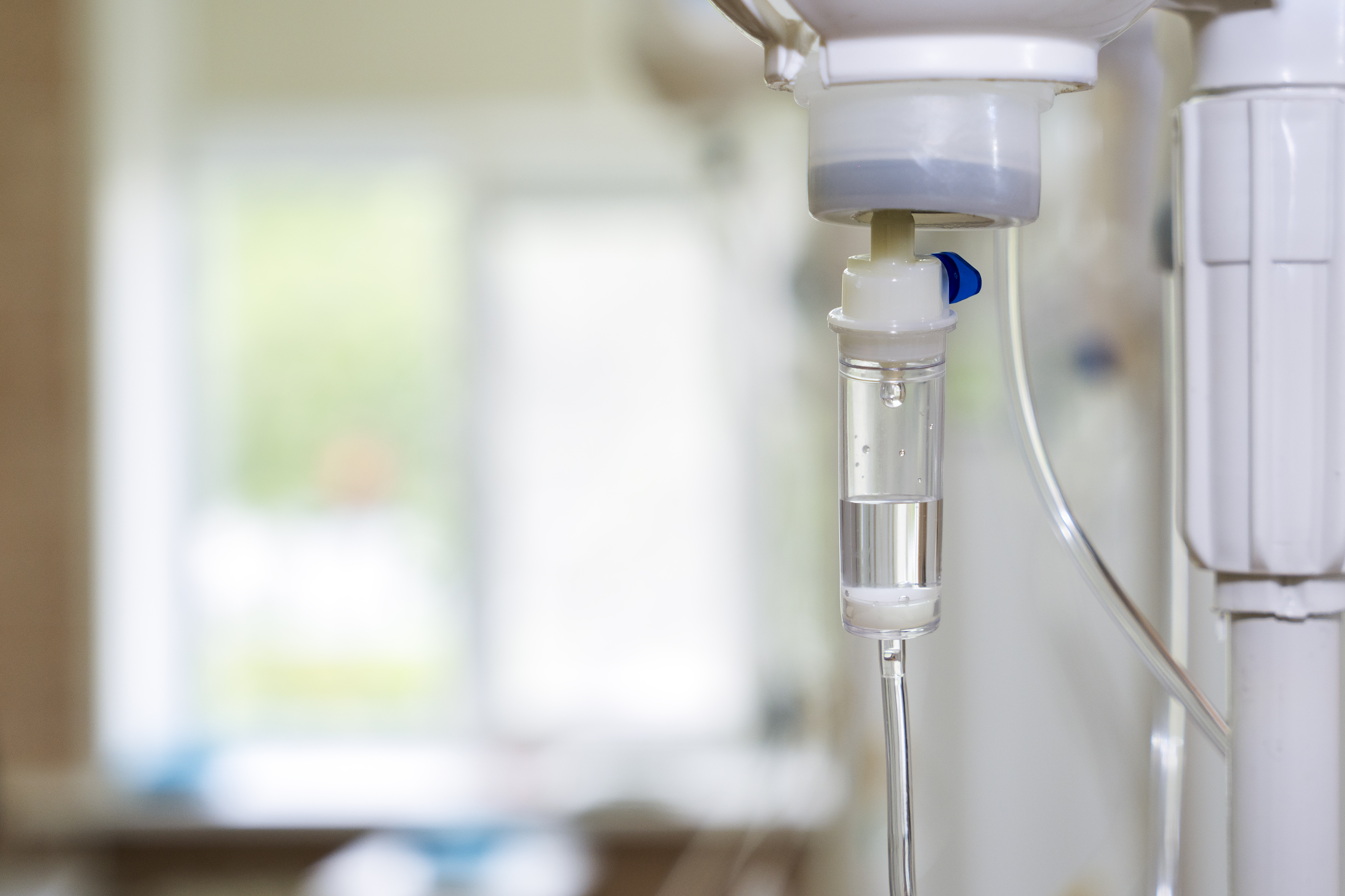 intravenous drip of chemotherapy or saline infusion for for solution of dehidration or another ilness like oncology in medical room at day time