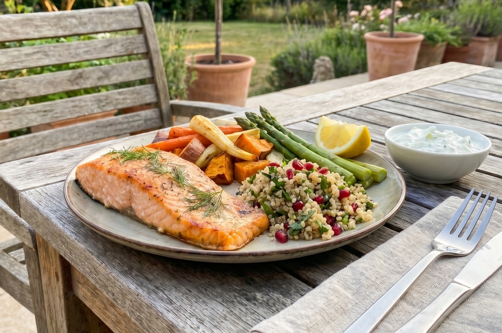 Losos je odličen vir kakovostnih beljakovin in omega-3 maščobnih kislin, ki imajo pomembno vlogo v uravnoteženi prehrani. (slika je bila ustvarjena s pomočjo umetne inteligence)