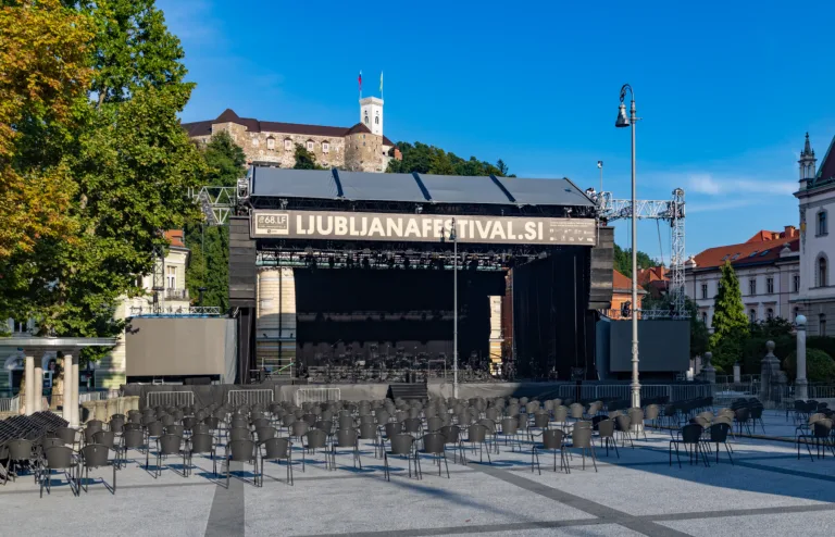 Ljubljana, Slovenia - August 16, 2020: A picture of a stage at the Congress Square for the Ljubljana Festival.