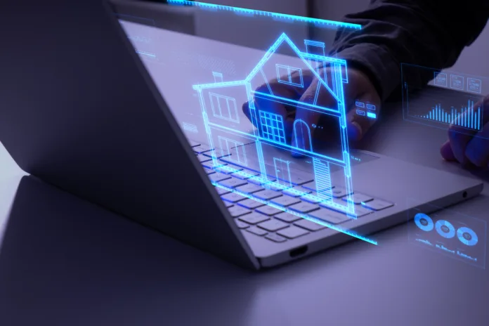 man-interacting-with-holographic-blueprint-of-a-house-in-blue-color-concept-of-smart-home-automation-control-cctv-network-internet-of-things-iot-smart-city-saving-energy-and-air-conditioning-stockpack-istock Man interacting with holographic blueprint of a house in blue color. Concept of smart home, automation, control cctv network, internet of things (iot), smart city, saving energy and air conditioning.
