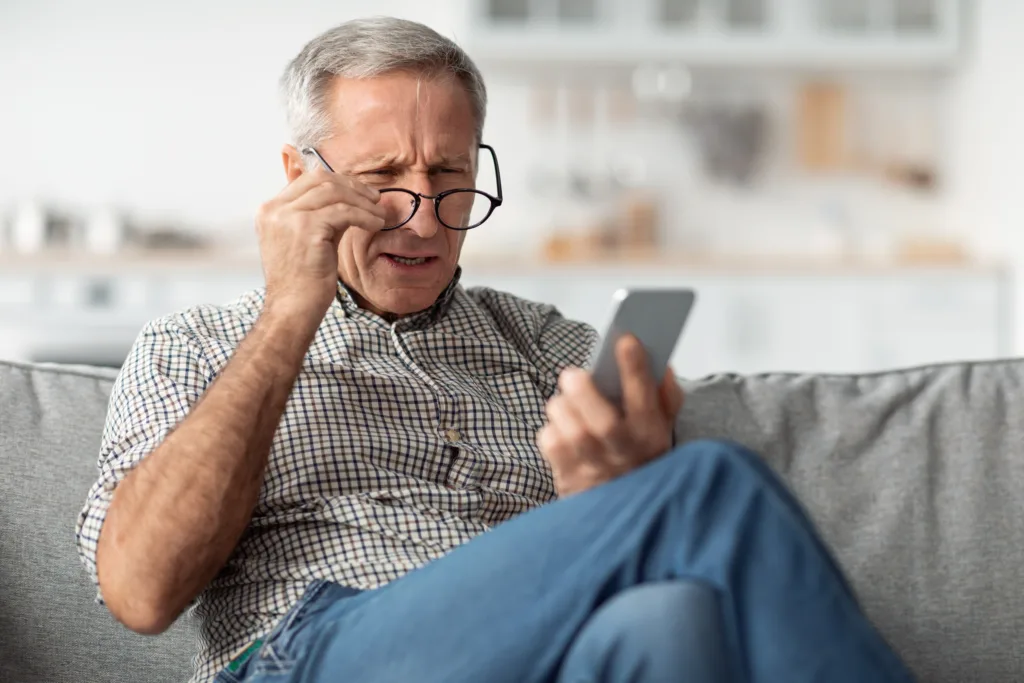 Poor Eyesight. Senior Man Squinting Eyes Reading Message On Phone Wearing Eyeglasses Having Problems With Vision Sitting On Couch At Home. Ophtalmic Issue, Bad Sight In Older Age Concept