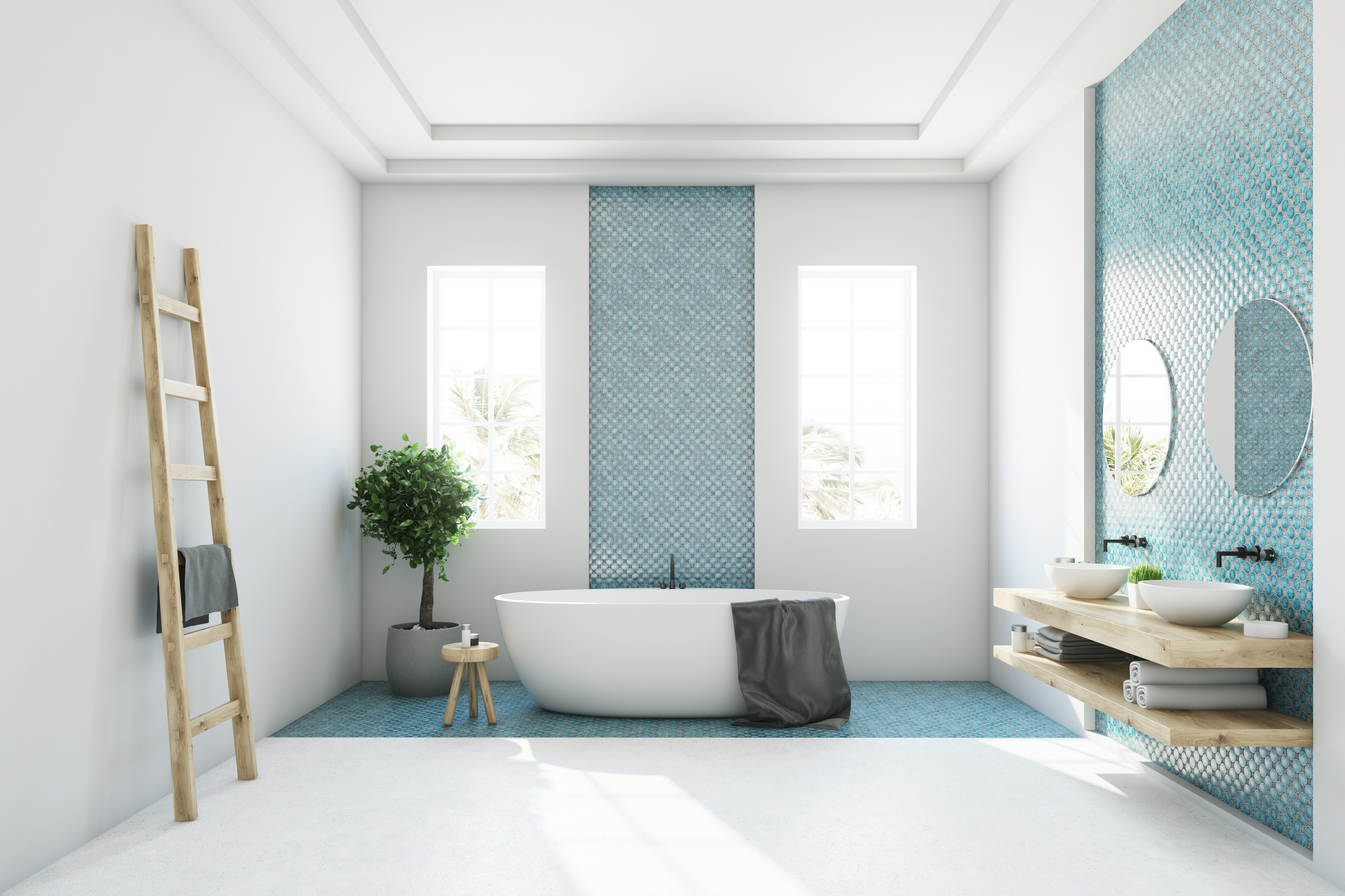 White and blue bathroom interior with a round white tub, two narrow windows, a tree in a pot and a ladder in a corner. Side view. 3d rendering mock up