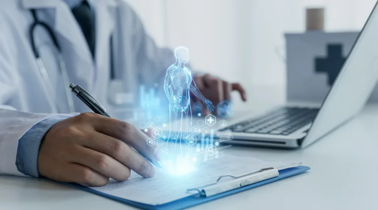 A doctor uses a futuristic digital interface displaying a holographic human anatomy above a clipboard, symbolizing advanced AI in healthcare