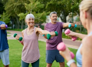 Za boljše ravnotežje, več moči in manj padcev: jeseni prihaja 194 brezplačnih vadb za odrasle Elderly group of people working out with dumbbells in a park. Mature fitness group of women and men lifting small weights outdoors. Happy active adults in sportswear exercising together with dumbbells.