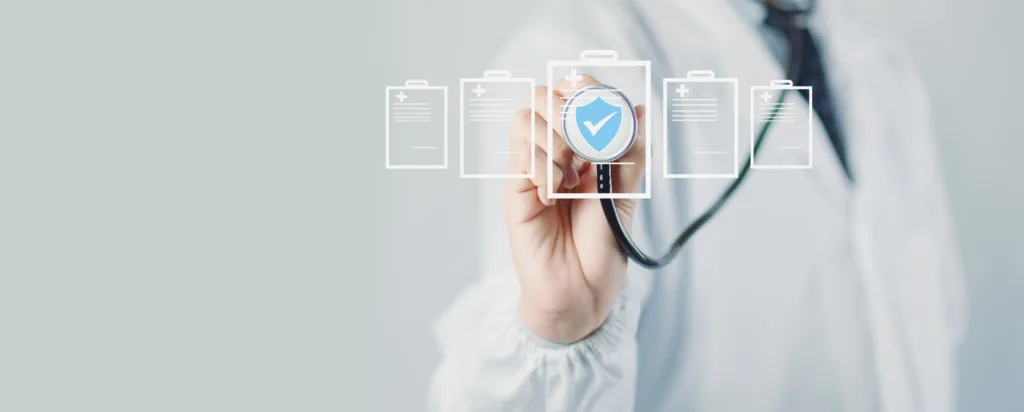 Health Insurance Concept, Doctor work with Digital Healthcare AI App, Advanced Health care Analytics, Software, Lab Solutions for Medical Professionals in Modern Hospitals with Cutting Edge Technology