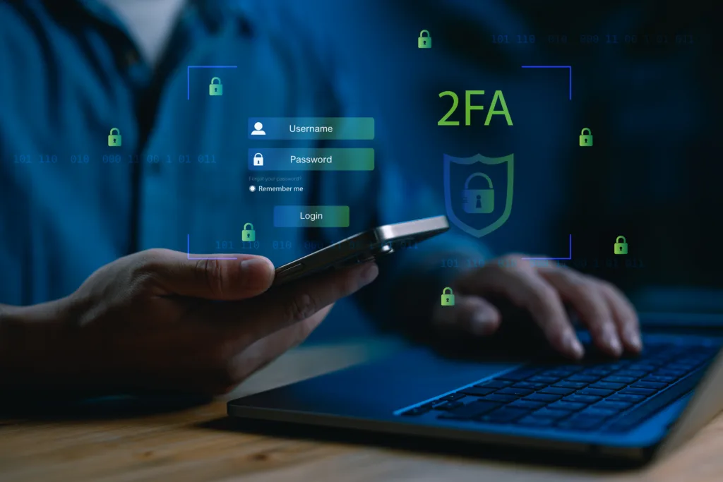 Photograph illustrating cybersecurity concept using two-factor authentication, usernames, passwords, and login screens. Showcases data protection and internet safety for tech blogs and ads.