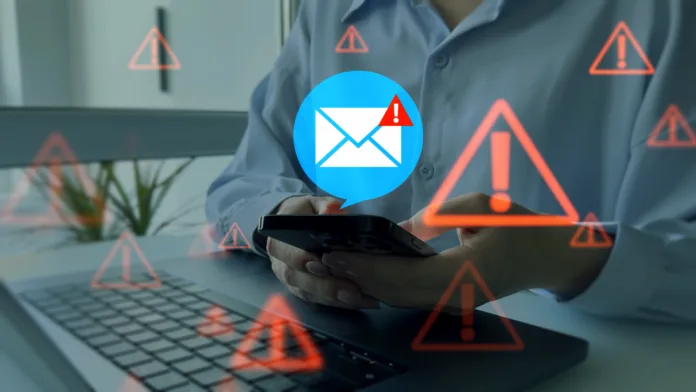 Spam email message on black screen isolated. Email security and virus spam alert in email. Fake text email scam.Scammers online.Cyber scam template.