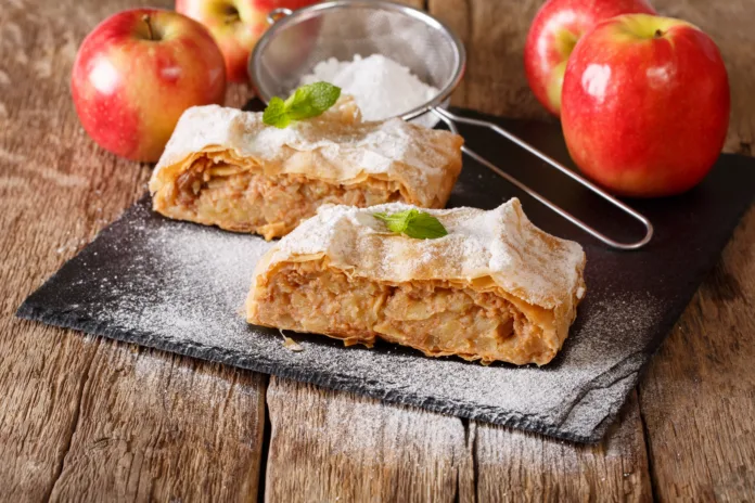 traditional-piece-of-apple-strudel-with-powdered-sugar-and-mint-closeup-on-a-table-horizontal-stockpack-istock Traditional piece of apple strudel with powdered sugar and mint closeup on a table. horizontal