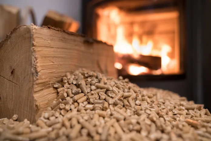 wood-stove-heating-with-in-foreground-wood-pellets-economical-heating-system-concept-stockpack-istock Wood stove heating with in foreground wood pellets - economical heating system concept