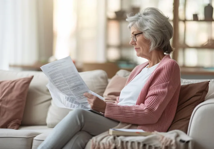 ai generated, woman, senior, living room, elderly, documents, reading, home, comfortable, concentration, paperwork, sitting, glasses, indoors, lifestyle, mature, thoughtful, analyzing, reviewing, finance, serious, calm, residential, planning