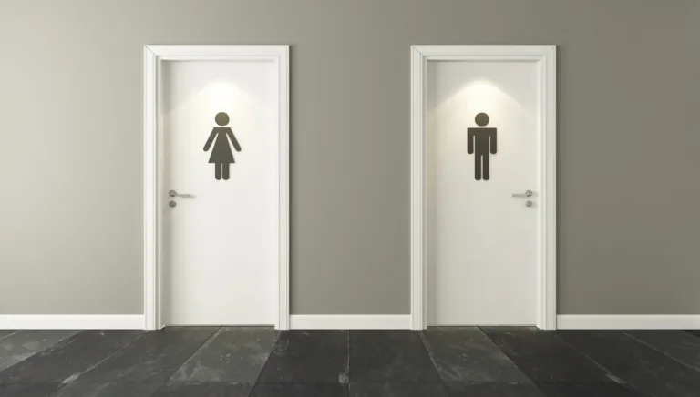 white restroom doors with wall 3D design and rendering for your project